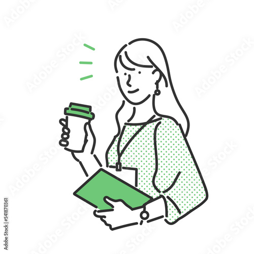 片手にコーヒーを持つ働く女性のビジネスパーソンのイラスト素材