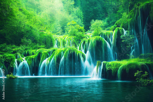 Canvas Print Spectacular waterfall scene in the deep forest with green trees, nature setting