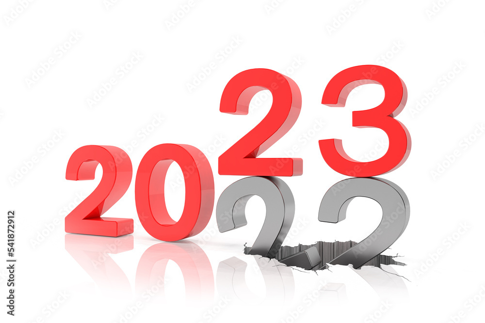 3d render of the numbers 2022 and 23 in red over white reflecting background. 3d render of the numbers 2022 and 23 in red over white reflecting background.