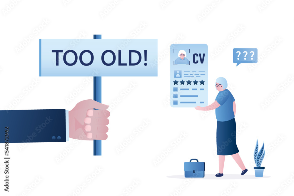 Job restrictions, boss hand holds placard - too old. Elderly woman holds resume. Age discrimination, ageism. Unhappy job seeker after interview. Recruitment, unemployment. Job restrictions, boss hand holds placard - too old. Elderly woman holds resume. Age discrimination, ageism. Unhappy job seeker after interview. Recruitment, unemployment.