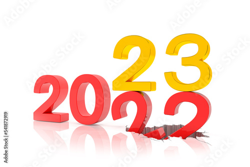 3d render of the numbers 2022 and 23 in red and gold over white reflecting background.