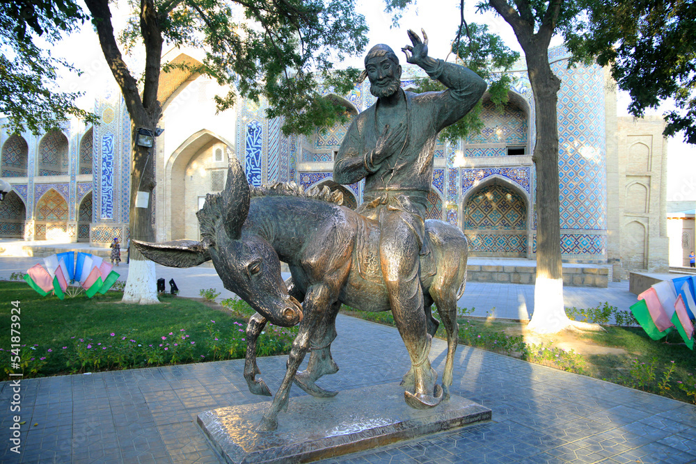 Naklejka premium Hodja Nasreddin on his favorite donkey in Bukhara.