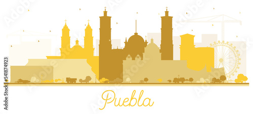 Puebla Mexico City Skyline Silhouette with Golden Buildings Isolated on White.