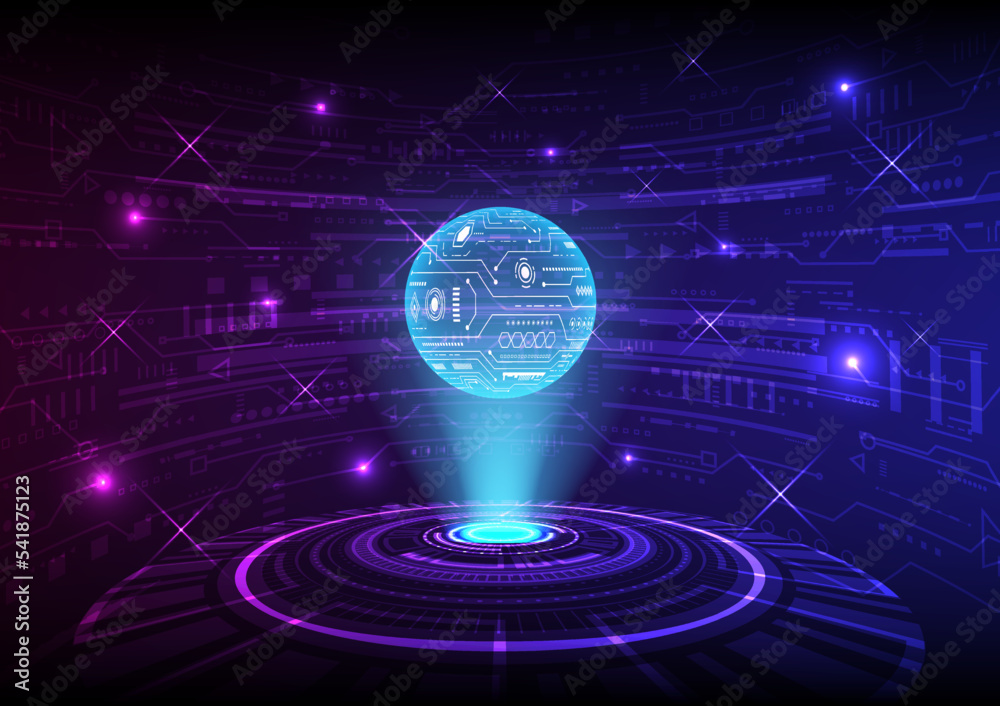 Fototapeta premium Circle with circuit pattern on surface floating on hologram machine The back has a curved wall. with a digital circuit pattern with bright dots The stars were shining, scattered all around.