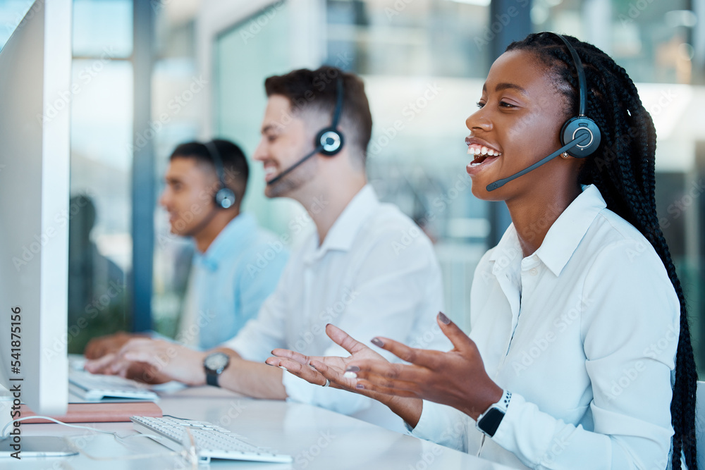 Fototapeta premium Telemarketing, customer service and call center worker consulting online in sales crm company. Ecommerce, contact us and consultant with internet support, communication and conversation with computer