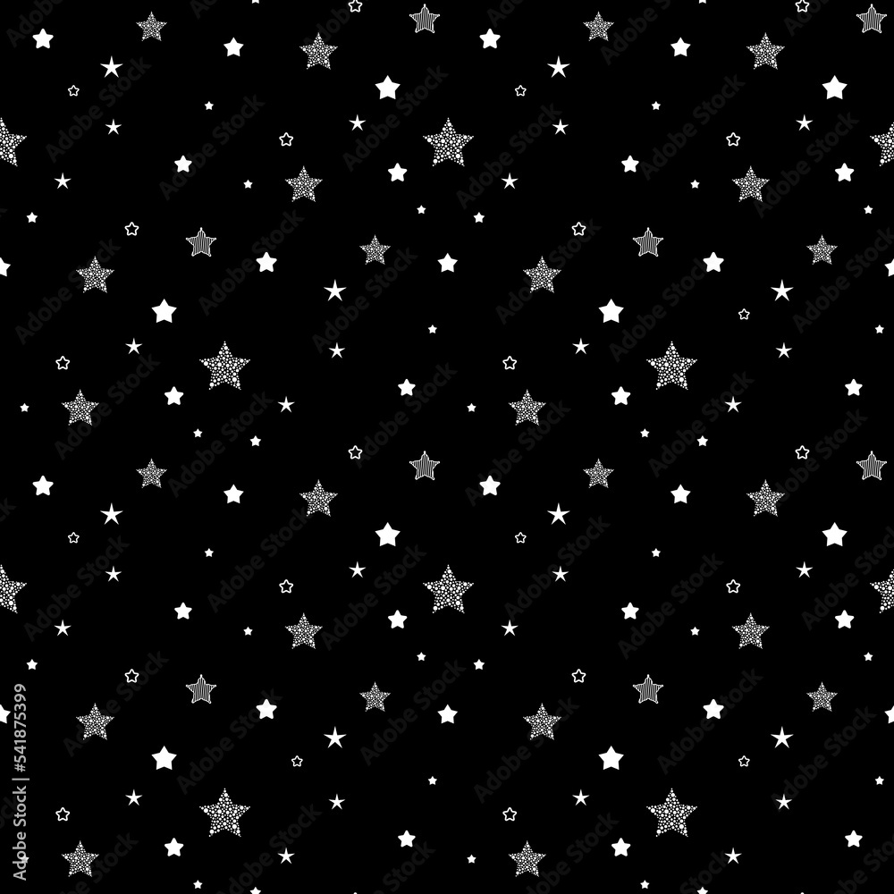 Seamless cute pattern with little different black stars, dots and circles on black background. Seamless cute pattern with little different black stars, dots and circles on black background.