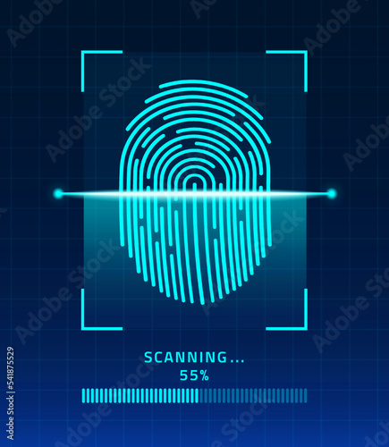 Laser scanning of fingerprint, Finger-print Scanning Identification System, Biometric Authorization and Security Concept, vector illustration of digital biometric security technology.