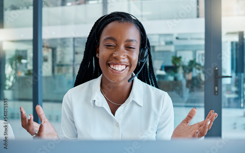 Call center, customer service and video call with black woman for support in telemarketing office. Video conference, employee or female consultant from Nigeria consulting online on computer webinar
