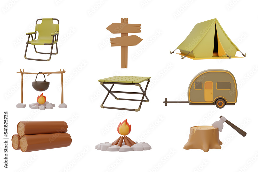 Set of elements for Camping, tant, folding chair, table, campfire, stump, signpost, trailer isolated on white background. 3d rendering. - obrazy, fototapety, plakaty 