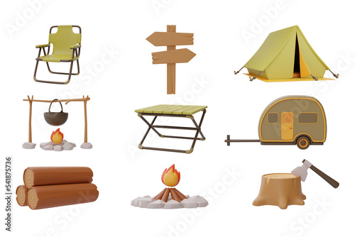 Set of elements for Camping, tant, folding chair, table, campfire, stump, signpost, trailer isolated on white background. 3d rendering.