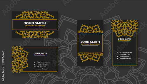 Luxury black business card with yellow mandala decoration designs, Bright floral ornamental elements