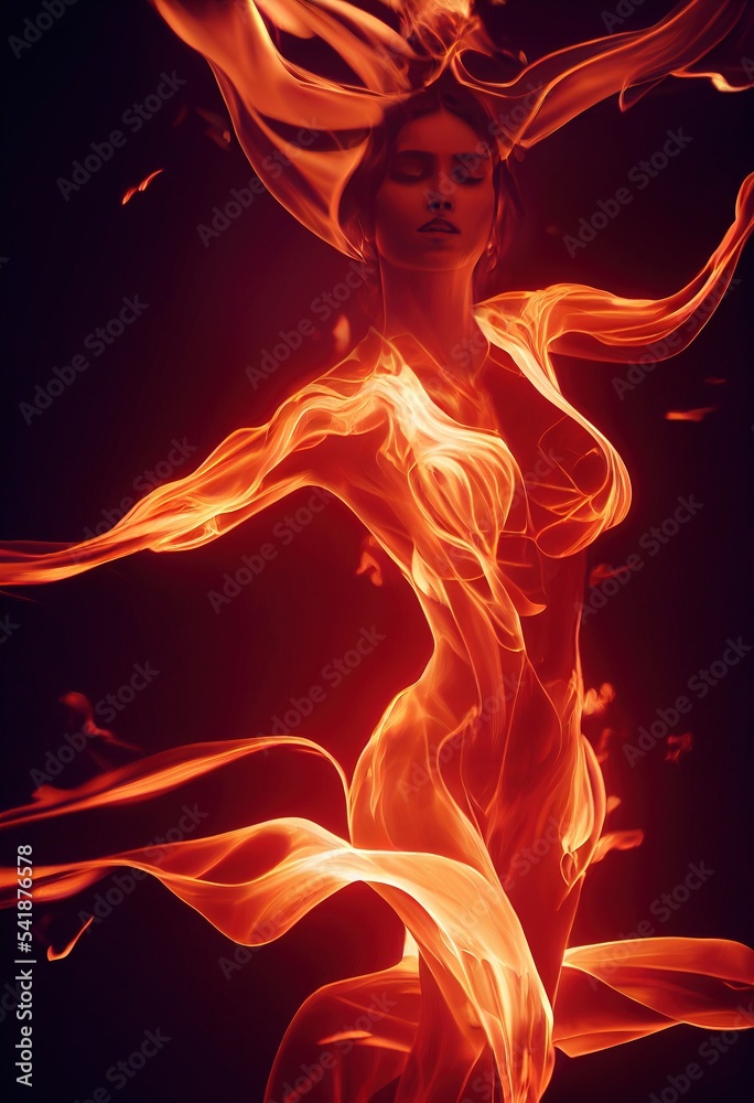 Beautiful silhouette of woman made of fire flames, generated by Ai, is