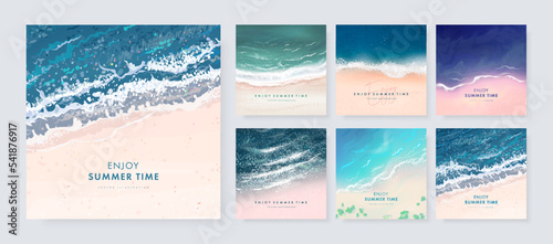 Set of vector landscape background. Beautiful illustration of sandy summer beach. Summer holidays poster or banner design template