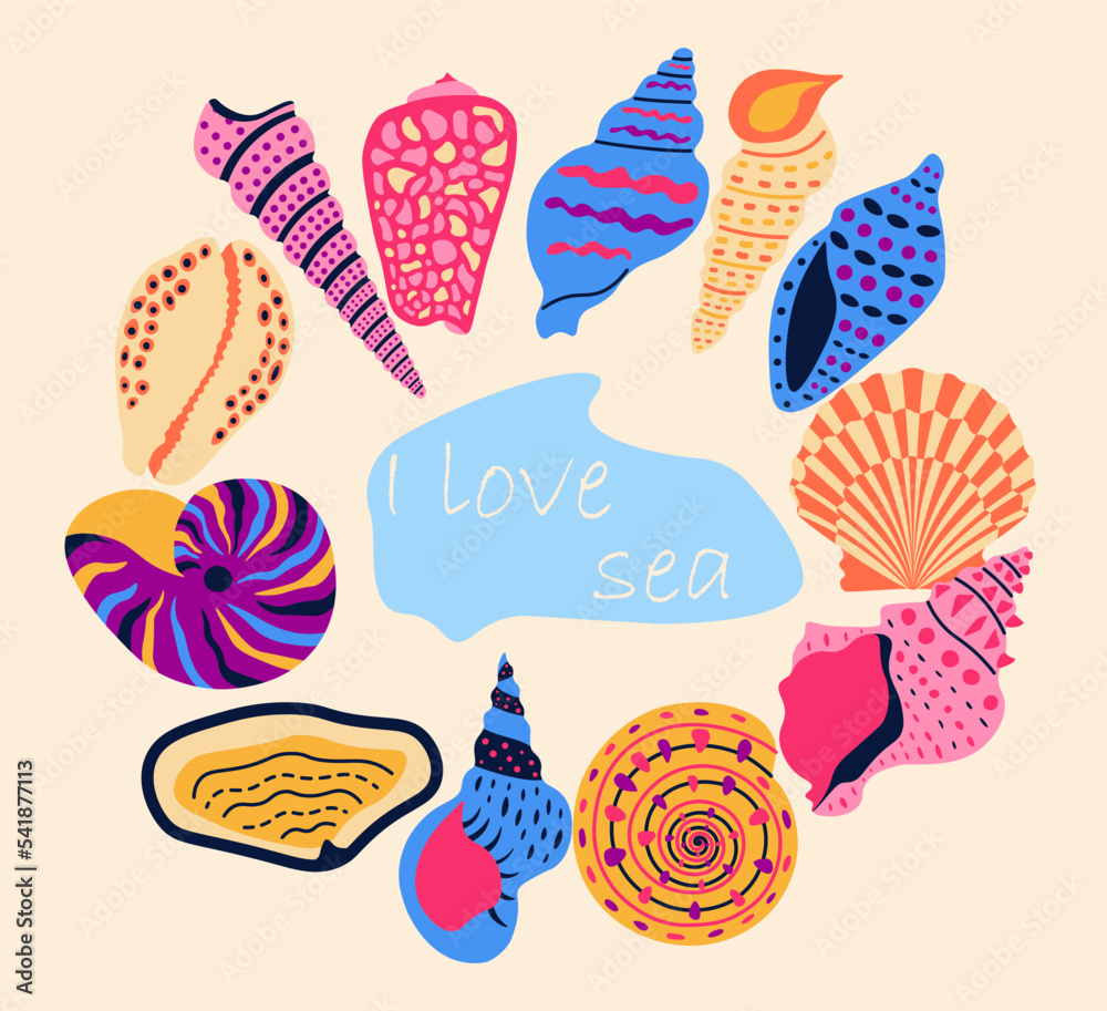 Cartoon shells. Summer ocean animals collection, marine habitats, aquarium decoration. Poster with text. Treasure sea, abstract colorful seashells. Beach doodle elements. Vector isolated set