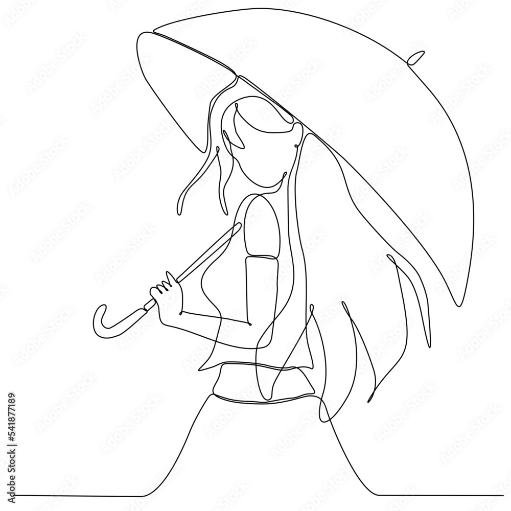 Continuous single line drawing of woman holding umbrella. Continuous