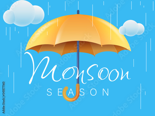 Monsoon Season Sale with 3D Realistic Umbrella Vector Illustration. Suitable for Poster, Banner, Flyer, Web Header and Advertisement Page Design.