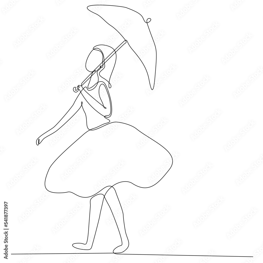 Continuous single line drawing of woman holding umbrella. Continuous