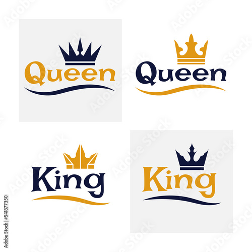 King and queen crown, couple logo. Royal princess and prince wedding text, gold typography letter, little sticker, cameo design. Luxury imperial logotype. Vector design garish icons with text