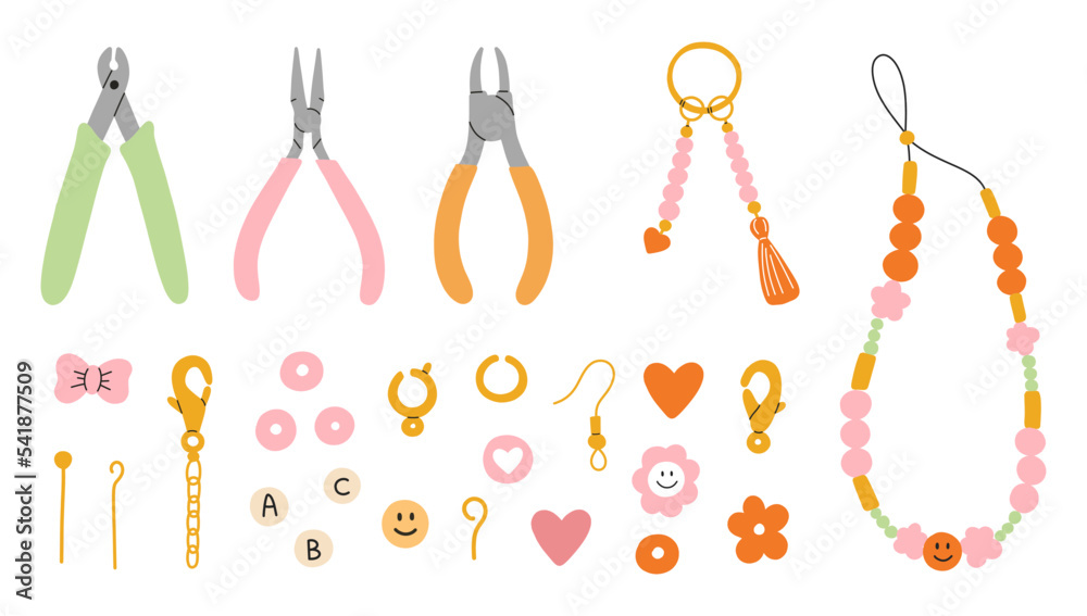 Set of accessories and tools for jewelry making. Instruments, golden spare parts, bracelets, necklace. Hobby, DIY, workshop, artwork, creativity concept.90s style jewelry design. Set of accessories and tools for jewelry making. Instruments, golden spare parts, bracelets, necklace. Hobby, DIY, workshop, artwork, creativity concept.90s style jewelry design.