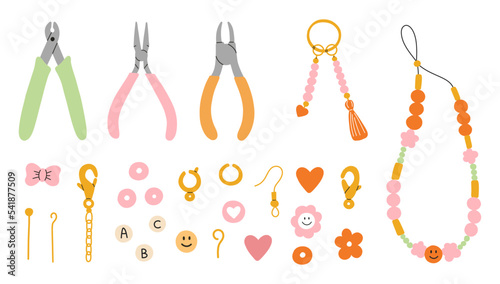 Set of accessories and tools for  jewelry making. Instruments, golden spare parts, bracelets, necklace. Hobby, DIY, workshop, artwork, creativity concept.90s style jewelry design.