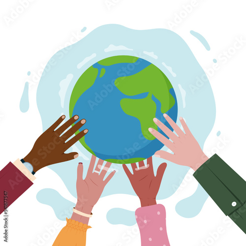 Multicultural hand holding Earth. World diversity. International people for peace together. Save and support planet. Persons unity. Tolerance or racial equality. Vector design utter concept