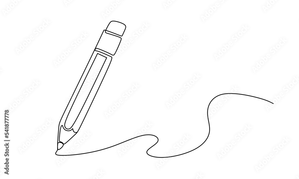 Pencil vector illustration with continuous one single line drawing isolated on white background.
