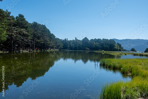magnifique vue sur un lac de montagne avec reflet sur l'eau
