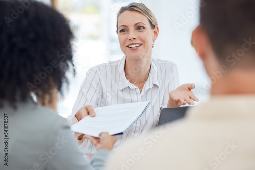 Report, meeting and business people in communication about a contract, deal or feedback on a company budget. Corporate, talking and worker with a paper document with information on marketing at work