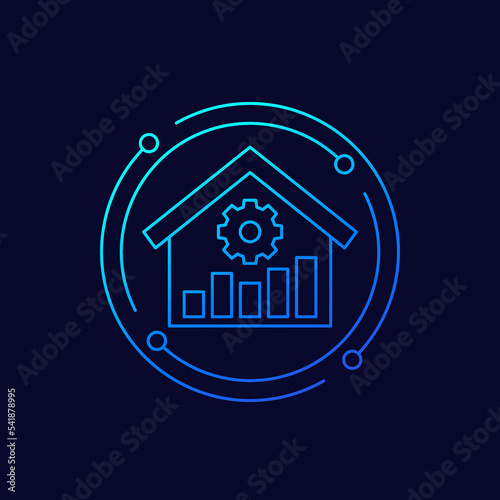 Smart home icon with a house and graph, linear design