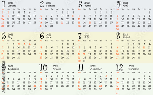 2023カレンダー（12ヶ月）