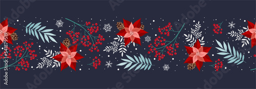 Merry Christmas And Happy New Year folk art background. Berries, poinsettia and leaves stylish vector illustration on winter greeting card. Good for cards, posters and banner design