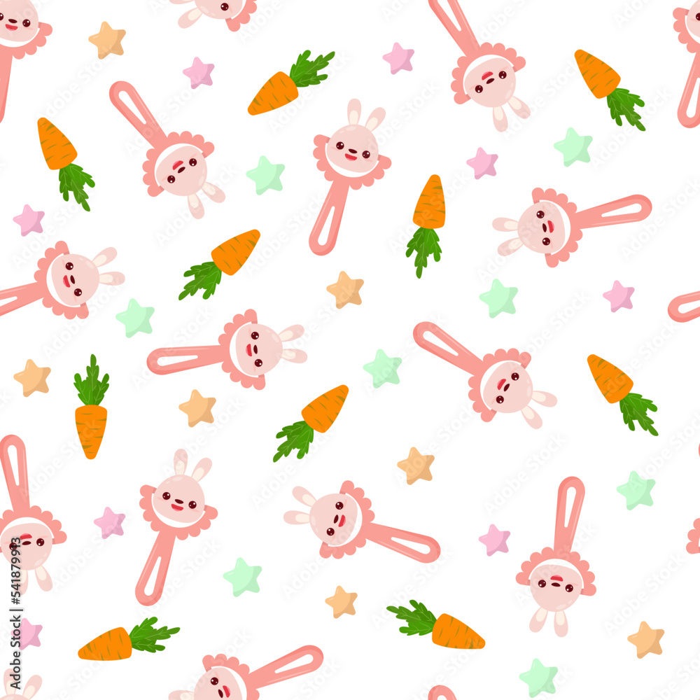 Seamless pattern with baby bunny rattle. Children's pattern on textiles. Gentle children's  white   background