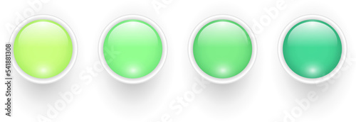 3D shiny green buttons collection, glossy circle icons, vector illustration set.