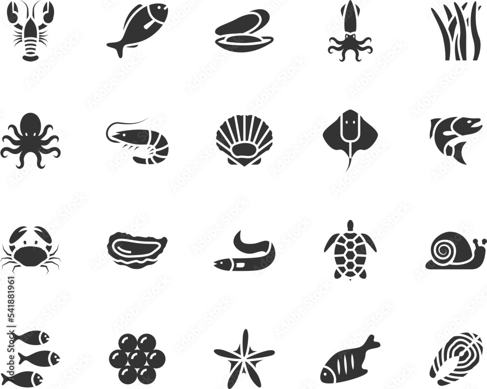 Types Shellfish Icon Vector set of seafood flat icons. Contains icons fish, lobster, crab ...