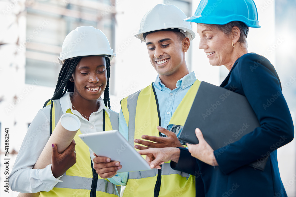 Architecture, construction and architects planning with a tablet for building, renovation and design on internet. Engineering, teamwork and workers with strategy on tech for industrial infrastructure Architecture, construction and architects planning with a tablet for building, renovation and design on internet. Engineering, teamwork and workers with strategy on tech for industrial infrastructure