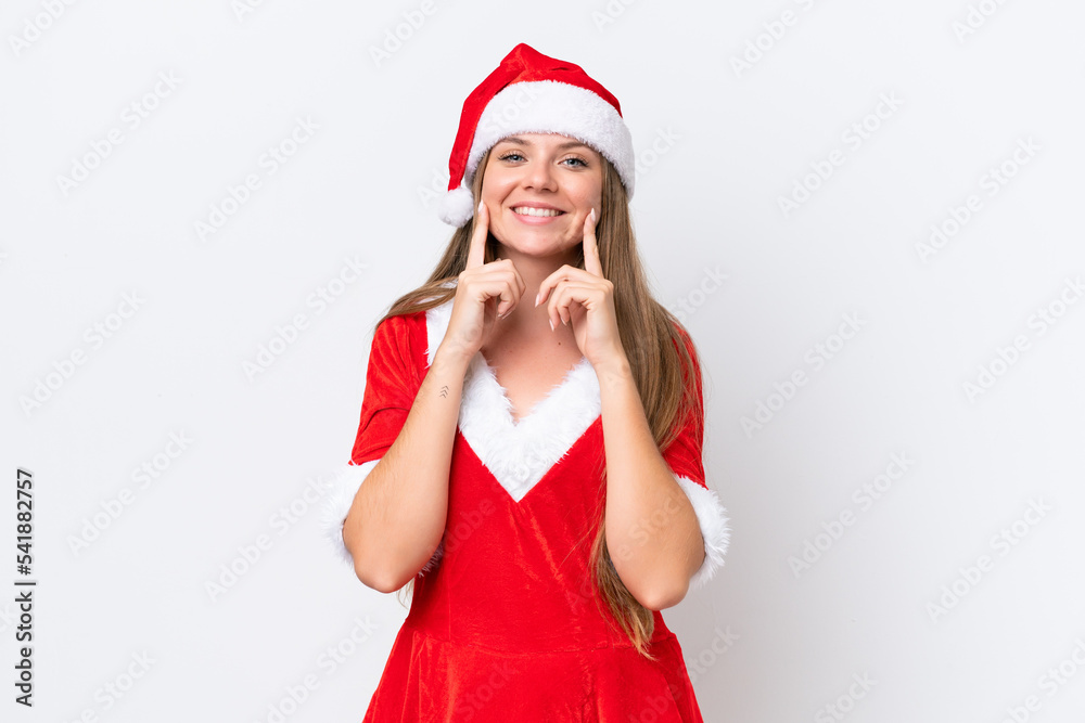 Young caucasian woman dressed as mama noel isolated on white background smiling with a happy and pleasant expression Young caucasian woman dressed as mama noel isolated on white background smiling with a happy and pleasant expression