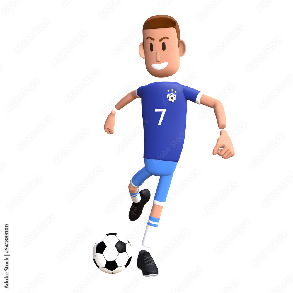 Soccer player 3D character. Football player kick the ball 