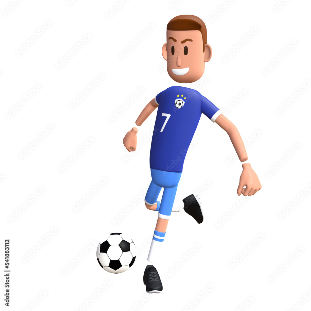 Soccer player 3D character. Football player kick the ball 