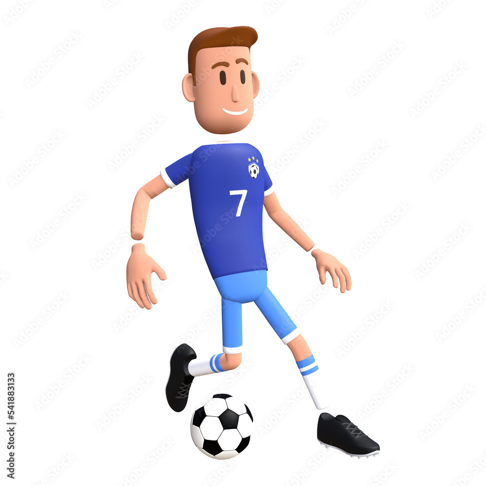 Soccer player 3D character. Football player kick the ball 
