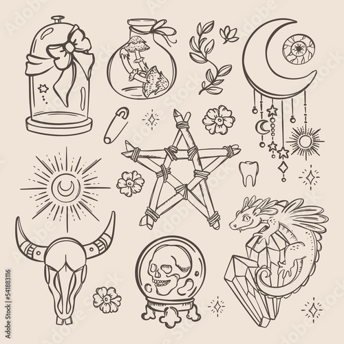 ESOTERIC SYMBOLS MONOCHROME Witchcraft Element Love Magic Alchemic Astrology Occult Mystery Doodle Sketch Hand Drawn Collection For Designers And Creatives