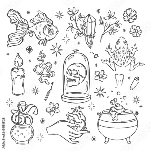ESOTERIC SYMBOLS Monochrome Witchcraft Element Love Magic Alchemic Astrology Occult Mystery Doodle Sketch Set Hand Drawn Collection For Designers And Creatives