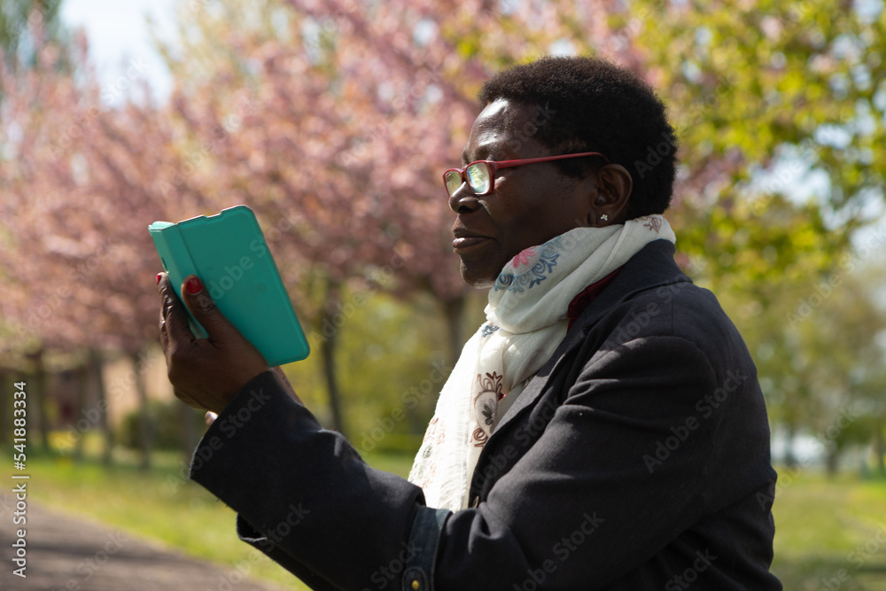 Smiling African lady using smartphone in an outdoor park Stock Photo ...