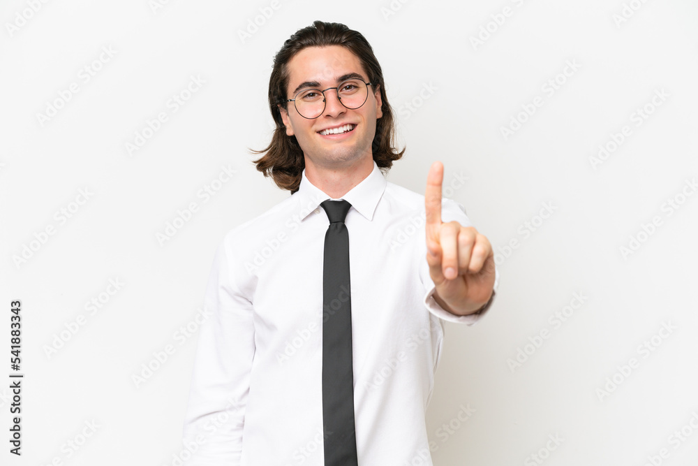 Business handsome man isolated on white background showing and lifting a finger Business handsome man isolated on white background showing and lifting a finger