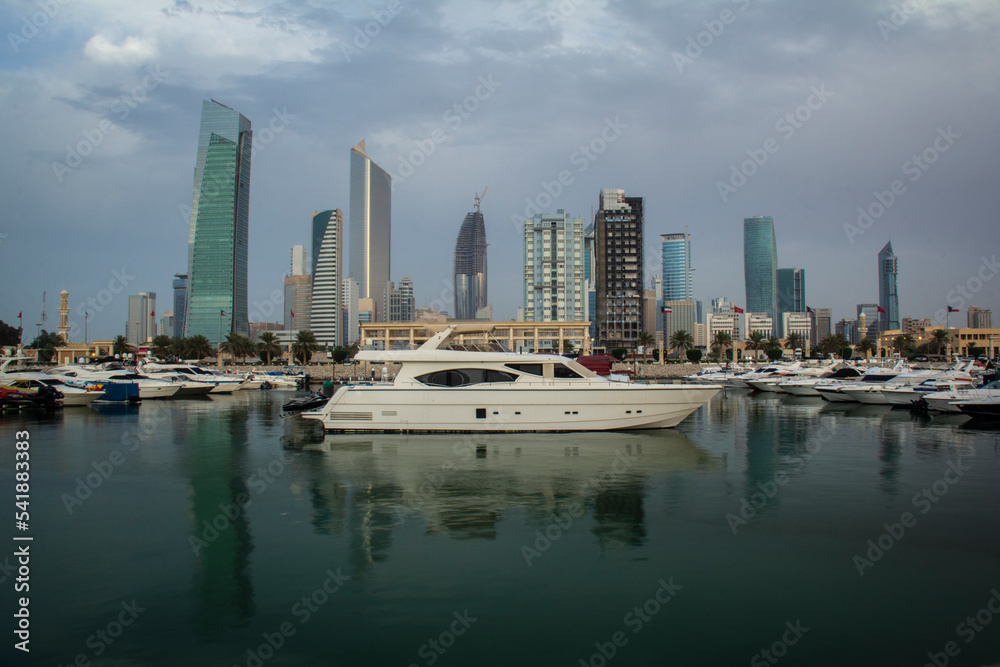 Souk Sharq Kuwait City Building and Yacht with reflection 