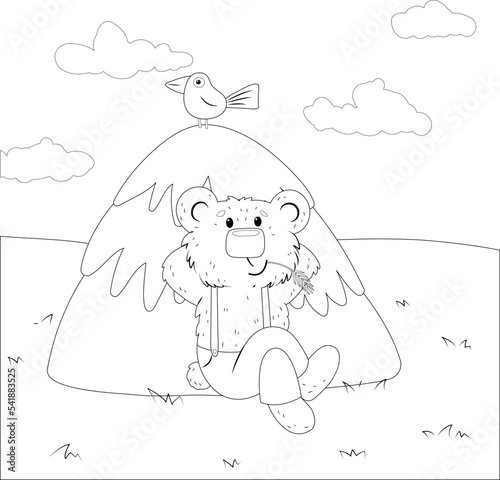 Coloring book with a bear in pants sitting by a haystack