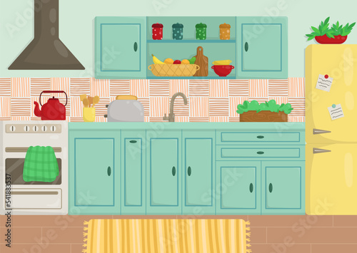 Vector illustration with blue kitchen and yellow refrigerator. kitchen interior
