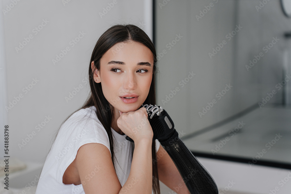 Close Up Of Beautiful Italian Brunette Girl With Disability Leaning On