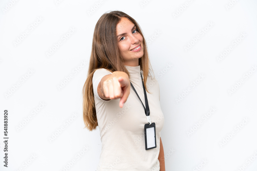 Young pretty woman with ID card isolated on white background pointing front with happy expression Young pretty woman with ID card isolated on white background pointing front with happy expression