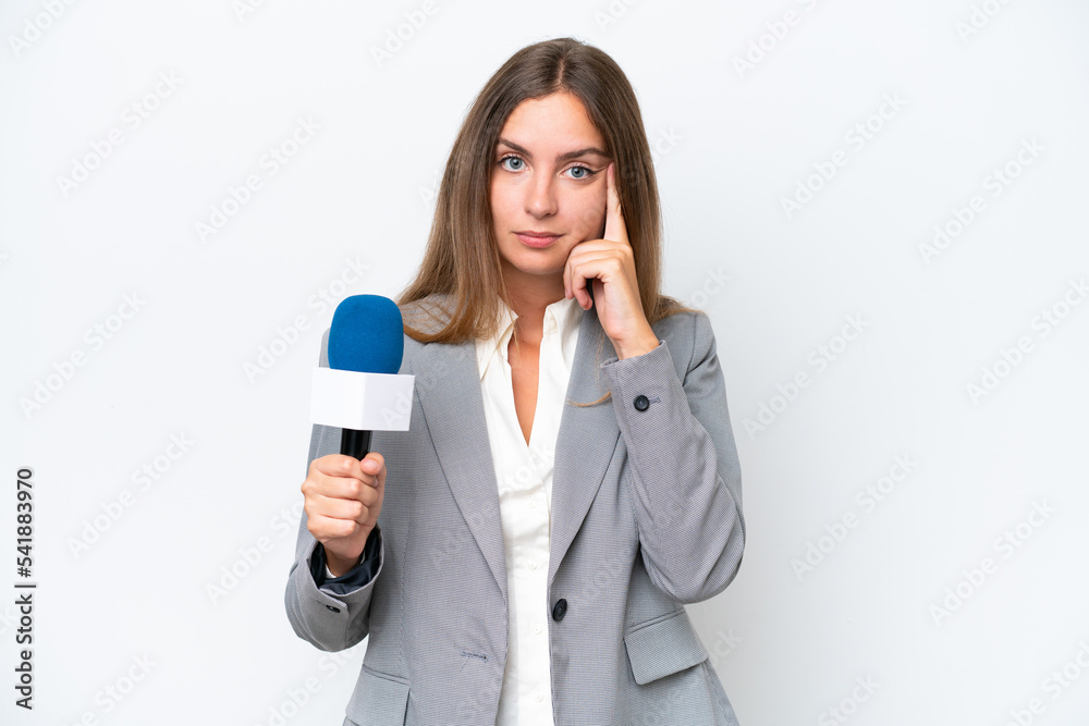 Young TV presenter caucasian woman isolated on white background thinking an idea Young TV presenter caucasian woman isolated on white background thinking an idea
