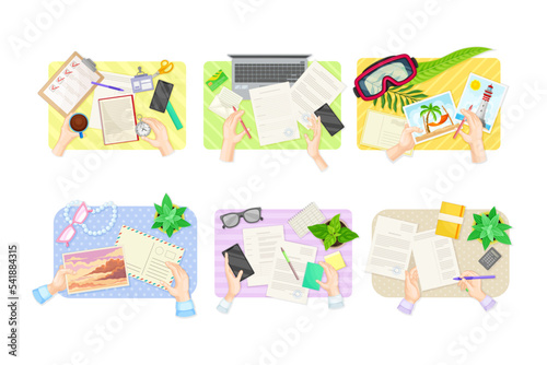 View from above of human hands filling check mark on to do list, writing letters, signing paper documents and postcards set vector illustration